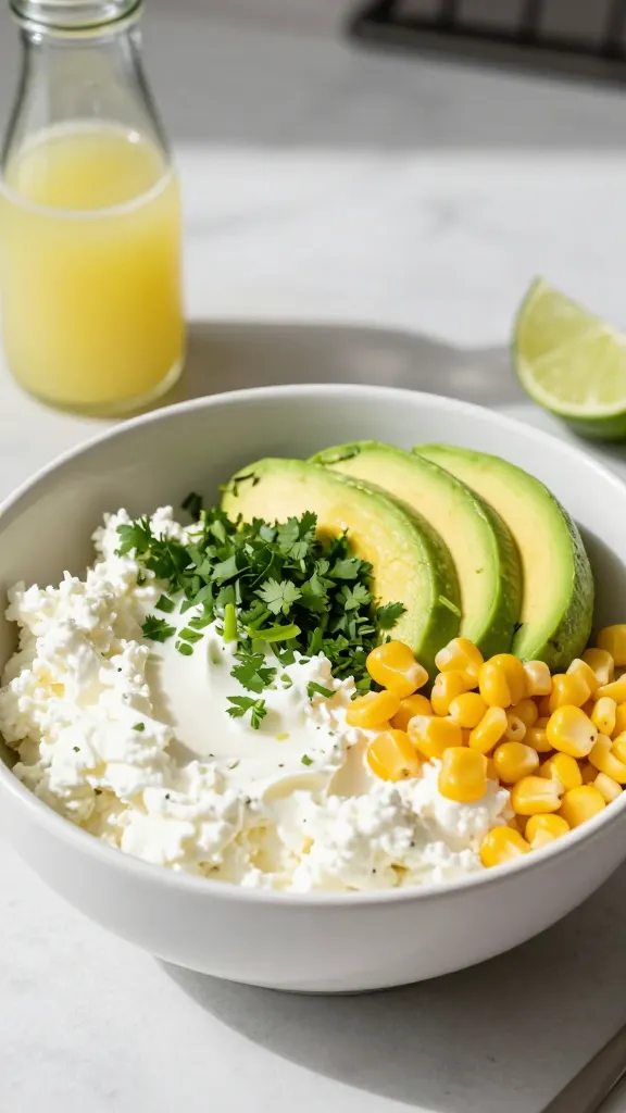 A high-resolution, realistic food photography scene featuring a creamy cilantro lime power bowl centered in a bright, modern kitchen setting. In a wide, shallow white bowl, display a lush mound of smooth cottage cheese as the base, topped with half a ripe avocado quartered, fresh chopped cilantro sprinkled generously, and a scatter of golden corn kernels. Include a small blender bottle of lime juice and a lime wedge on the side to hint at the brightness in the dish. The scene should emphasize a sunny, fresh vibe with natural daylight, soft shadows, and a clean, uncluttered background. Capture the textures: the velvet creaminess of the cottage cheese, the glossy green avocado, and the crisp corn, with a subtle sheen from the lime juice. No text on the image.