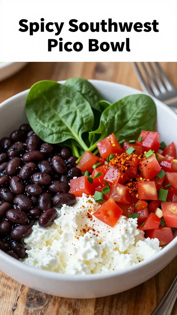 A realistic, high-quality photo of a vibrant lunch bowl labeled implicitly as a "Spicy Southwest Pico Bowl" without any text on the image, featuring a base of creamy white cottage cheese topped with a bright red pico de gallo, glossy black beans, and fresh spinach leaves. Include a subtle sprinkle of smoked paprika and chili powder visible in the mix, with a small mound of pico on one side for contrast. The bowl sits on a rustic wooden table, with natural lighting highlighting the textures: the smooth curds of cottage cheese, the chunky beans, and the glossy pico. Add a fork resting beside the bowl and a faint, blurred background suggesting a casual meal-prep vibe. The composition should emphasize the main subject from the article title: the spicy, protein-packed cottage cheese bowl as a satisfying post-workout meal.