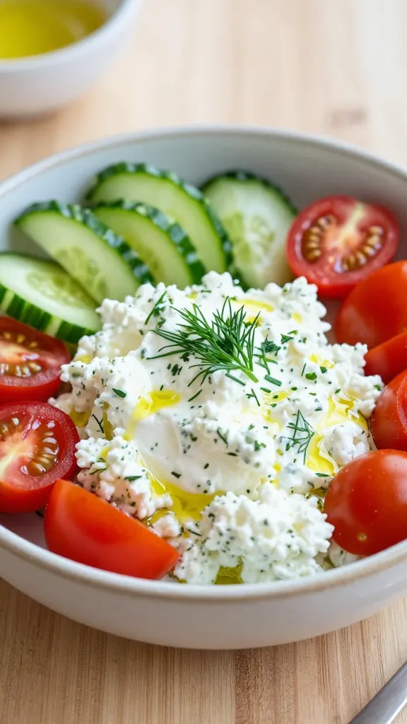 A high-resolution, realistic photo of a fresh, inviting lunch bowl featuring a generous scoop of creamy cottage cheese as the main subject, surrounded by a vibrant assortment of toppings: halved cherry tomatoes tucked around the sides, thin cucumber ribbons artfully arranged, and a gentle herb glow from fresh dill and chives stirred lightly into the cottage cheese. The dish sits in a shallow, rustic ceramic bowl on a light wooden table, with a subtle drizzle of olive oil catching the light. The scene conveys brightness, easy digestion, and bright flavors, with crisp vegetables and an herb-infused cottage cheese centerpiece that looks appetizing and never boring. Natural daylight, shallow depth of field, slight bokeh in the background, minimal props to keep the focus on the bowl. No text.