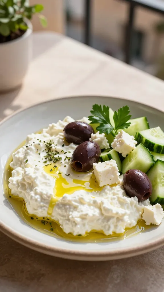 A realistic, high-quality still life photograph of a Mediterranean Olive Zest Bowl featuring a creamy cottage cheese base topped with sliced olives, diced cucumber, and crumbled feta (optional), all arranged on a rustic ceramic plate. Include a light drizzle of olive oil, a pinch of oregano, and a fresh sprig of parsley for color. The setting is a sunlit balcony table with soft, warm outdoor light, subtle shadows, and a breezy, summery atmosphere suggesting a midday lunch abroad. Emphasize the salty-sweet contrast and the inviting, mindful-munching appeal, with the cottage cheese appearing fluffy and slightly glossy, olives glossy and briny, cucumber crisp, and feta crumbly. No text on the image.
