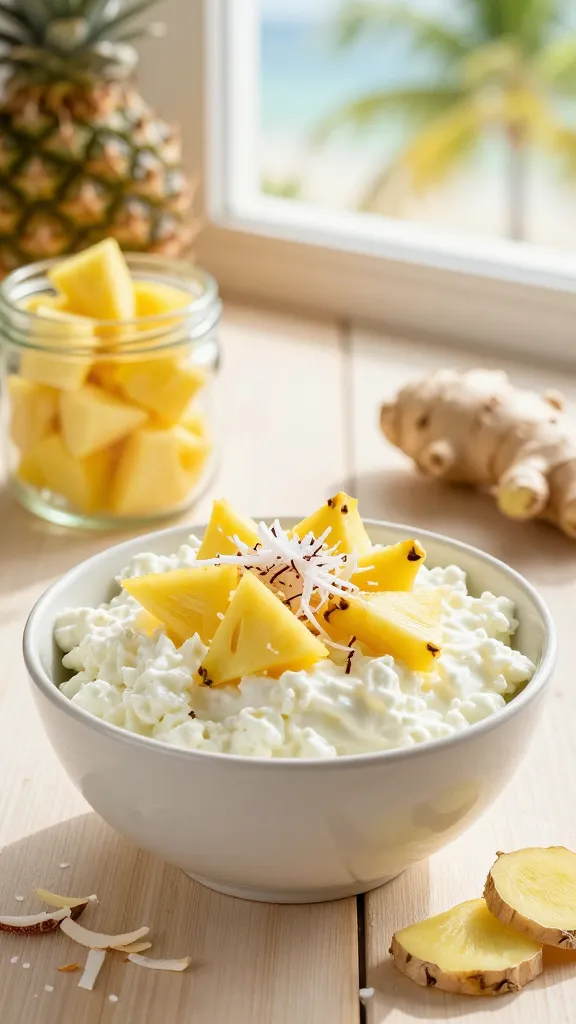 A realistic high-quality photo of a tropical-inspired lunch scene featuring a bowl of cottage cheese as the main subject, presented on a light wooden table by a sunlit window. The bowl is generously filled with creamy cottage cheese and folded in juicy pineapple chunks and delicate grated ginger, creating a vibrant, tropical look. Garnish with a light sprinkle of thin shredded coconut on top. Surround the bowl with complementary elements: a small glass jar of pineapple chunks, a fresh piece of ginger with a subtle aroma, and a few coconut shavings scattered nearby. Include a subtle, soft-focus background with warm tropical tones (pale yellows and greens) to evoke a vacation vibe, while keeping the cottage cheese bowl as the clear focal point. No text on the image.