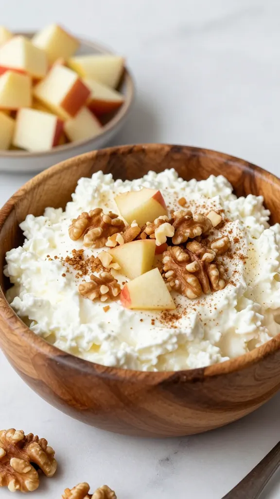 A high-quality, hyper-realistic food photograph featuring a rustic wooden bowl filled with creamy cottage cheese, positioned on a light marble countertop. The bowl is topped with a generous sprinkle of chopped walnuts and small, neatly diced apples, with a light dusting of cinnamon visible on the surface. Include a small dish of extra diced apples and a few walnut halves to the side for texture variety. The main subject should clearly convey the Harvest Apple Walnut Crunch Bowl, highlighting the contrast between the smooth cottage cheese and the crunchy walnuts, with warm, inviting natural lighting and a shallow depth of field to softly blur the background. No text on the image.