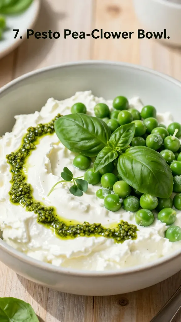 A high-resolution, realistic food photograph of a bright, inviting cottage cheese bowl scene titled “7. Pesto Pea-Clover Bowl.” The main subject is a creamy white cottage cheese base artfully spooned into a shallow, rustic ceramic bowl, topped with vibrant green pesto swirls, vivid emerald green peas (frozen peas lightly blanched), and torn fresh basil leaves, with a few delicate basil microgreens for garnish. The composition includes a light drizzle of pesto around the rim and a subtle sheen on the cottage cheese to highlight its creaminess. The background features a soft, natural-toned wooden table and a blurred oiled wood texture, with natural daylight casting gentle shadows to emphasize the glossy peas and herb textures. The scene should convey bright color, quick-prep freshness, and a rich, indulgent yet macros-friendly feel, with no visible utensils or text in the image.