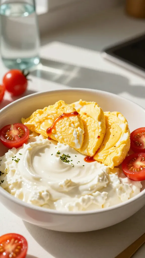 A high-resolution, realistic food photography scene featuring a bright, sunlit kitchen counter with a centered, inviting bowl arrangement for an "8. Sunrise Egg-White Offset Bowl" inspired lunch. In the foreground, a creamy, pale cottage cheese base is presented in a white ceramic bowl, topped with fluffy, folded egg whites arranged as a sunny, offset crescent above the cottage cheese. Scatter halved cherry tomatoes around the bowl for pops of red color and a few fresh herbs for garnish. Include a small drizzle of hot sauce on the egg whites for a subtle, spicy finish. The background should hint at a gym-day vibe with a blurred view of a water bottle and light workout gear, but the focus remains on the glossy texture of the cottage cheese and the airy egg whites. Use natural morning light, warm tones, and shallow depth of field to emphasize the contrast between the creamy cottage cheese and the delicate egg whites, resulting in a vibrant, mouth-watering and fast-feel protein-forward dish. No text on the image.