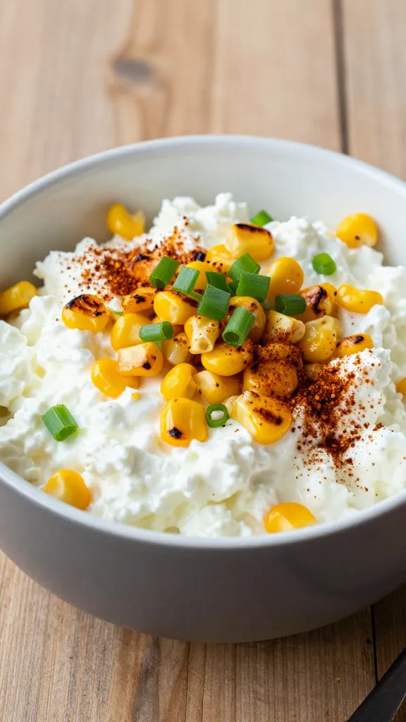 A high-quality, realistic food photograph of a single vibrant bowl of Smoky Chipotle Corn Cottage Cheese. The bowl sits on a rustic wooden table, filled with creamy white cottage cheese, bright grilled corn kernels mixed in, and a subtle smoky glaze. Lightly sprinkle chipotle powder over the surface for a gentle, warm dusting, with fresh green onions finely chopped as a delicate garnish. The background shows soft, natural lighting with a slight shallow depth of field to emphasize the textures: creamy cottage cheese contrasting with charred corn, a hint of smoky red-brown seasoning, and the crisp green onion tops. A clean, appetizing composition that highlights the main subject: the cottage cheese bowl with smoky, slightly sweet corn and chipotle notes. No text on the image.