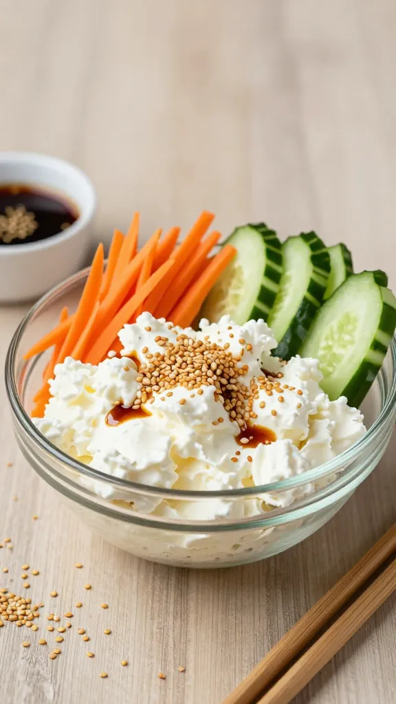 A photorealistic, high-quality food portrait of a savory Asian Sesame Crunch Bowl inspired by cottage cheese lunches. Centerpiece: a light, creamy mound of cottage cheese in a clear glass bowl, topped with glossy sesame seeds and a delicate sprinkle of toasted sesame crunch. Surround with vibrant julienned shredded carrot and crisp cucumber ribbons for color contrast. A subtle drizzle of soy sauce or tamari pools at the edge, adding a glossy, umami sheen. Place the bowl on a neutral, textured wooden surface with a minimalist background. Include complementary elements: a small side dish of extra sesame seeds and a tiny ramekin of soy sauce, and a pair of chopsticks resting nearby for an authentic vibe. The composition should feel fresh, balanced, and ready-to-eat, with natural light highlighting the creamy texture of the cottage cheese and the crunch of sesame seeds. Avoid any text overlays.