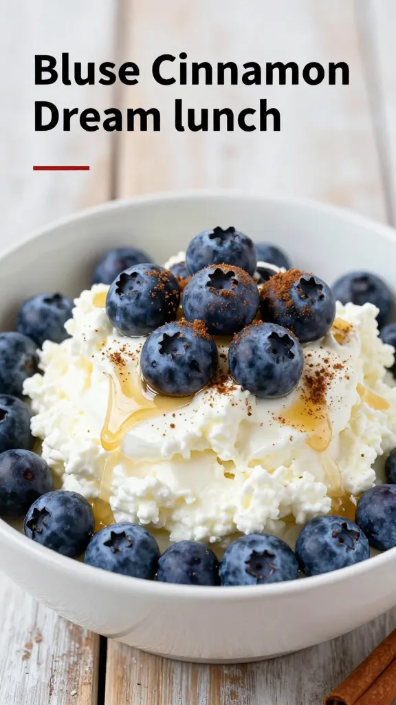 A high-resolution, photorealistic bowl of blueberry cinnamon dream lunch featuring a generous scoop of creamy cottage cheese as the central base, topped with a vibrant handful of fresh blueberries and a light sprinkle of warm cinnamon dust. Surround the bowl on a rustic wooden table with a soft, natural light setting that highlights the creamy texture of the cottage cheese and the juicy, glossy blueberries. Include a subtle drizzle of honey in a delicate ribbon over the top, and a small optional cinnamon stick on the side for added visual interest. The overall composition should feel fresh, wholesome, and lunch-appropriate, with a clean background and shallow depth of field to emphasize the main subject from the article title.