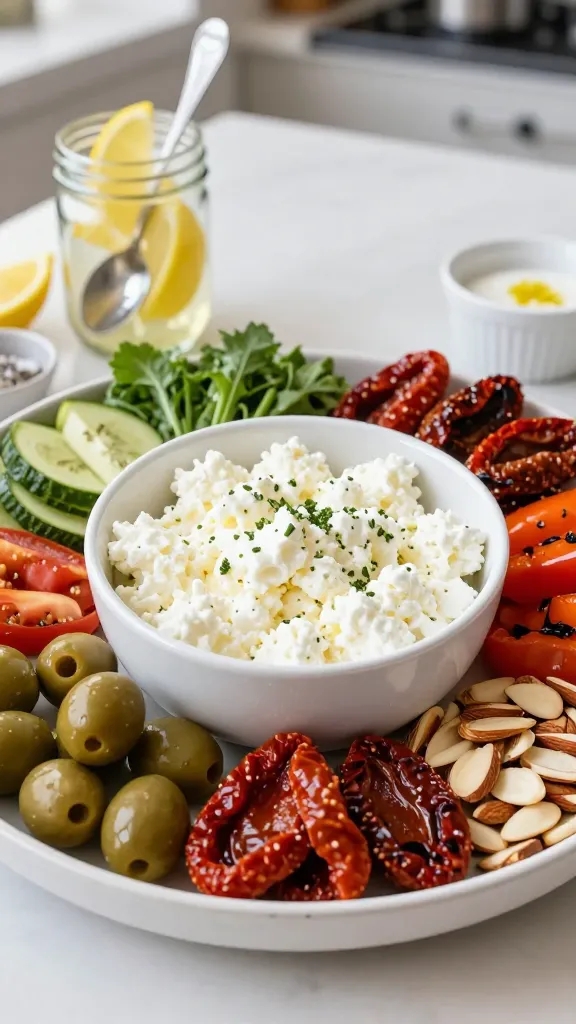 Create a realistic, high-quality photo of a vibrant, customizable cottage cheese lunch bowl titled "Savory Zealuf Bowl." The main subject is a glossy white ceramic bowl filled with creamy cottage cheese, surrounded by a colorful, customizable toppings station. Include two optional toppings prominently displayed on the side: olives and sun-dried tomatoes, with additional options of roasted peppers and sliced almonds arranged neatly nearby. The scene should convey versatility and freshness: a mason jar of lemon wedges with a small spoon, a pinch bowl of salt and pepper, and a tiny ramekin labeled with a subtle lemon zest. The background is a clean, bright kitchen countertop with natural light, slight bokeh, and shallow depth of field to emphasize the bowl as the focal point. Colors should be natural and appetizing—creamy white cottage cheese, deep greens from potential herbs, rich reds from sun-dried tomatoes, and warm tones from roasted peppers and almonds. Ensure no text appears in the image.