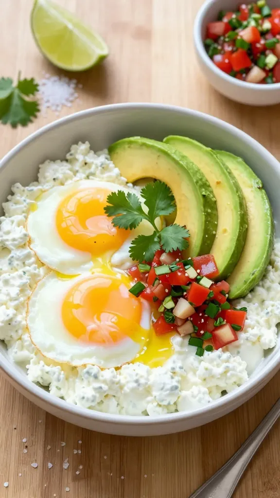 A realistic, high-quality food photography scene featuring a savory cottage cheese egg bowl as the main subject, centered on a clean wooden table. The bowl contains a creamy layer of cottage cheese and two fried or poached eggs, halved avocado slices arranged on the side, and a vibrant spoonful of salsa. Garnish with fresh cilantro leaves and a light squeeze of lime juice drizzling over the top. Add subtle condiments in the background (a small lime wedge, a sprinkle of salt, a tiny dish of salsa) to convey flavor depth. Lighting is bright and natural, with soft shadows to emphasize texture—creamy cottage cheese, glossy avocado, fluffy eggs, and the zing of salsa. The overall composition should evoke a ready-to-eat, reheatable breakfast that feels hearty and satisfying, with no text on the image.