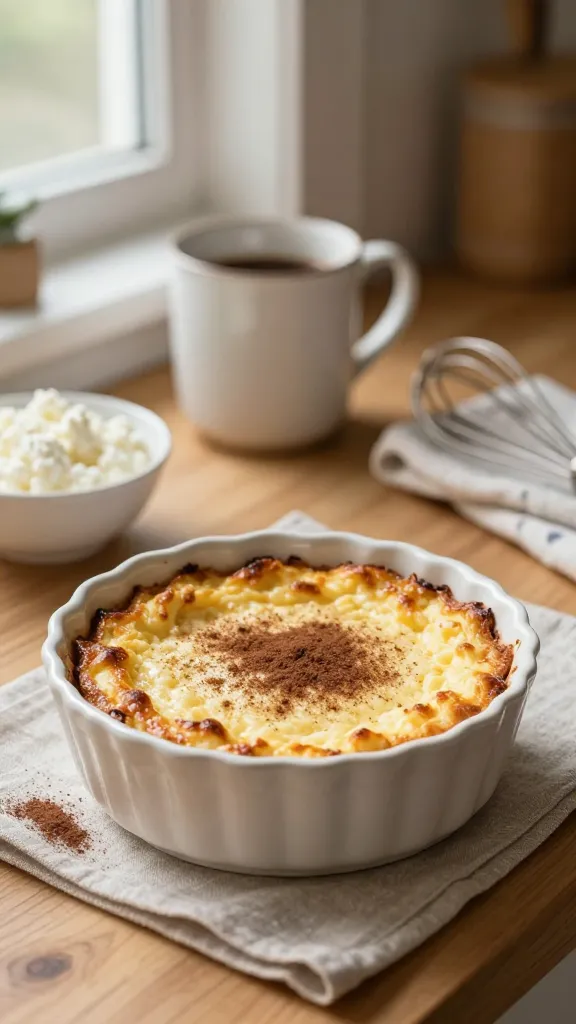 Create a high-resolution, photorealistic breakfast scene featuring the main subject "Egg-In-Cookie Cottage Cheese Bake" as the central focus. Show a cozy kitchen counter setup with a small, round ramekin or cute ramekin-style baking dish containing a light, custardy cottage cheese bake, lightly dusted with cinnamon, with a warm, slightly golden top. Surround the dish with gentle morning light streaming through a window, a delicate dusting of cocoa on the side for a dessert-y twist, and a softly styled backdrop of a mug, a small bowl of cottage cheese, a whisk, and a folded kitchen towel. Include subtle textures to evoke comfort and warmth: a wooden counter, a neutral-toned placemat, and a lightly blurred, inviting kitchen background. Emphasize a wholesome, high-protein breakfast vibe that looks like it could be baked in a single dish and enjoyed over several mornings, with the bake appearing custardy yet set, inviting, and not overly sweet. No text on image.