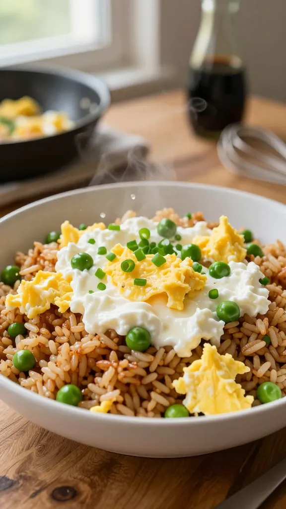 A high-resolution, realistic breakfast scene featuring a steaming plate of cottage cheese egg fried rice (breakfast-style) as the main subject. The dish sits in a white, shallow ceramic bowl on a rustic wooden breakfast table, with glossy brown rice grains visibly mixed with creamy cottage cheese, scrambled eggs, and vibrant peas and scallions tossed in. A soft, natural morning light from a nearby window highlights the beads of rice and the glossy texture of the cottage cheese, creating a comforting, cheeky, and inviting vibe. Include subtle kitchen elements in the blurred background (a skillet with remaining ingredients, a small soy sauce bottle, and a whisk) to convey quick, home-cooked freshness, without any text on the image. The color palette should be warm and appetizing: earthy browns, pale yellows, bright greens, and a touch of soy-dark gloss. The composition centers the bowl, with a slight angle that reveals the fluffy eggs and creamy cottage cheese dotted throughout the fried rice.
