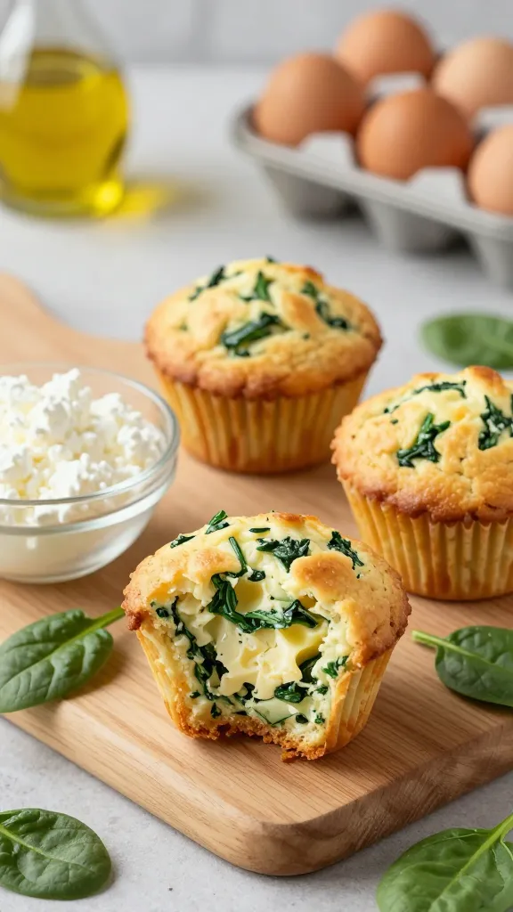 A high-quality, realistic photo of golden-brown cottage cheese egg spinach muffins arranged on a clean, light wooden cutting board. In the foreground, one muffin is cut open to reveal fluffy, eggy pockets with bright green spinach flecks. Surround the muffins with a few fresh spinach leaves, a small glass bowl of cottage cheese, and a neatly lined pin of eggs in a rustic kitchen setting with soft natural light, hints of olive oil spray bottle and a parchment-lined muffin tin in the background to suggest meal prep. No text on image.