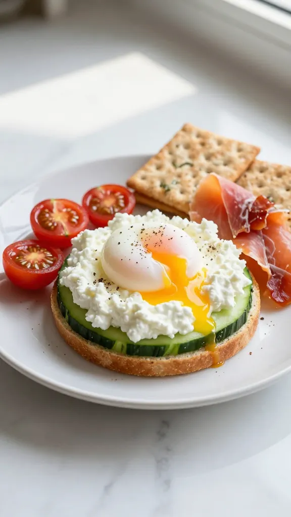A high-resolution, photorealistic breakfast scene featuring a main subject of creamy cottage cheese and egg on a light, cucumber-breadless plate. Center the plate on a clean, white marble countertop with soft morning light streaming from a window, casting gentle shadows. The focal point is a cucumber round topped with a generous dollop of creamy cottage cheese, crowned by a perfectly poached egg with a glossy, runny yolk. Surround with halved cherry tomatoes, cracked black pepper dusting, and delicate slices of smoked salmon or prosciutto bits artfully placed to suggest optional toppings. Include a few crisp crackers in the background for texture, and ensure the composition conveys texture play between creamy cottage cheese, the delicate egg, and the crunch of cucumber. No text or logos in the image.