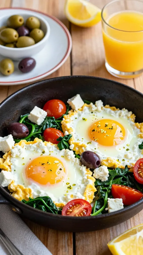 A high-resolution, realistic still-life-style breakfast scene featuring a Mediterranean-style cottage cheese egg skillet as the main subject. A sunny, vibrant skillet sits on a wooden rustic table: two softly scrambled eggs folded with creamy cottage cheese, visible chunks of olives, cherry tomatoes, wilted spinach, and crumbled feta, all lightly sautéed with lemon zest specks. The skillet is dotted with bright greens from spinach and the briny sheen of olives, with feta crumbles melting on top and lemon zest adding a pop of yellow. Surrounding elements include a bordered plate with a portion of the skillet, a small bowl of extra olives, a wedge of lemon, and a glass of fresh orange juice in warm, natural daylight. The scene exudes a vacation-in-a-pan vibe: warm tones, shallow depth of field, realistic textures of eggs, cottage cheese, feta, and vegetables, no text on image.