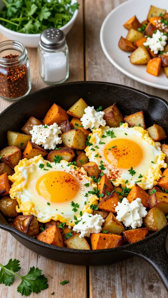 A high-resolution, realistic breakfast scene featuring a sizzling skillet Spicy Herb Cottage Cheese Egg Hash as the main subject. In the center, a cast-iron skillet rests on a rustic wooden table, filled with golden-brown potatoes (or sweet potatoes) diced small and crisp, with 2 fluffy scrambled eggs folded in, and dollops of creamy cottage cheese visible for contrast. The dish is finished with freshly chopped parsley sprinkled on top, with visible paprika and a hint of cayenne for color. Surrounding elements include a small glass jar of paprika, a shaker of kosher salt, a cracked black pepper grinder, and a few fresh parsley sprigs. Warm, natural lighting highlights the textures: the crispy edges of the potatoes, the creamy cottage cheese, and the glossy eggs. In the background, a simple white plate showing a portion of the hash, and a soft-focus bowl of extra parsley garnish add depth. The overall mood is vibrant, breakfast-ready, and inviting, conveying a quick, high-protein morning meal. No text on the image.