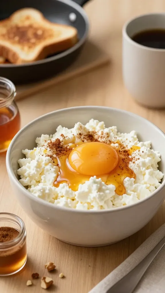 A realistic, high-quality photo of a cozy breakfast scene featuring a cheerful, healthy-eating main subject: a bowl or ramekin of fluffy cottage cheese mixed with a whisked egg, cinnamon, vanilla, and a drizzle of maple syrup, presented in a warm, inviting kitchen daylight setting. The bowl sits on a light wooden table beside a small glass of maple syrup, a tiny container of cinnamon, and a few scattered chopped nuts for crunch. In the background, subtly visible are a slice of toast or a small pan with a gentle sizzle to imply sautéing, and a mug of coffee or tea. The dish should have a creamy texture with a slight glossy glaze from the maple syrup, a hint of cinnamon sprinkled on top, and a tiny, appetizing glow. The overall mood is cozy, wholesome, and morning-energizing, emphasizing a sweet-savory protein-packed breakfast. No text on the image.