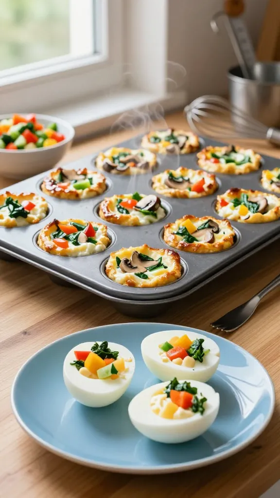 A high-resolution, photorealistic image of a neatly arranged tray of veggie-packed cottage cheese egg cups, fresh from the oven. The scene shows a silicone muffin tin filled with golden-brown egg cups speckled with diced peppers, mushrooms, and spinach, some cups slightly bursting with vibrant vegetables. In the foreground, an ice-blue ceramic plate holds a couple of egg cups sliced open to reveal creamy cottage cheese interior and colorful veggie mix. Soft natural light from a kitchen window highlights the glossy tops and steam rising subtly, with a wooden countertop, a small bowl of diced vegetables, a whisk, and a measuring cup in the blurred background, conveying a cozy, wholesome breakfast prep vibe. No text on image.