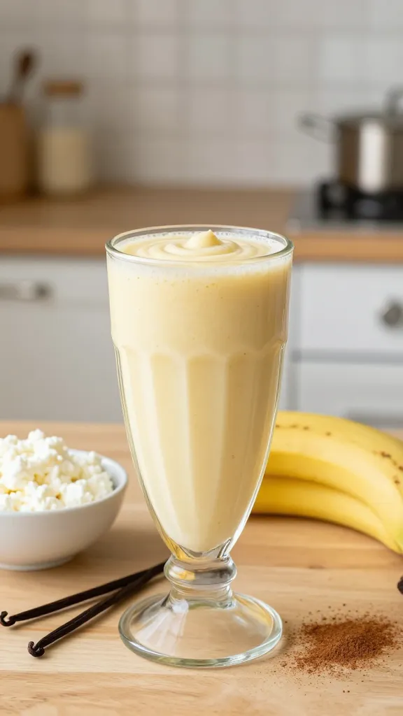 A high-resolution, hyper-realistic photo of a creamy banana cottage cheese smoothie in a tall, clear glass with a slight frothy top and a gentle swirl. The glass sits on a light wooden kitchen counter with a softly blurred background of a modern, sunlit kitchen. Nearby, a small bowl of cottage cheese, a ripe banana with a few brown speckles, and a light dusting of cinnamon are arranged casually. The smoothie has a pale yellow-cream color, conveying a silky texture, with a subtle vanilla vanilla bean pod resting beside the glass. Natural lighting emphasizes the smooth, velvety consistency and fresh ingredients, creating an inviting, wholesome vibe. No text or branding visible.