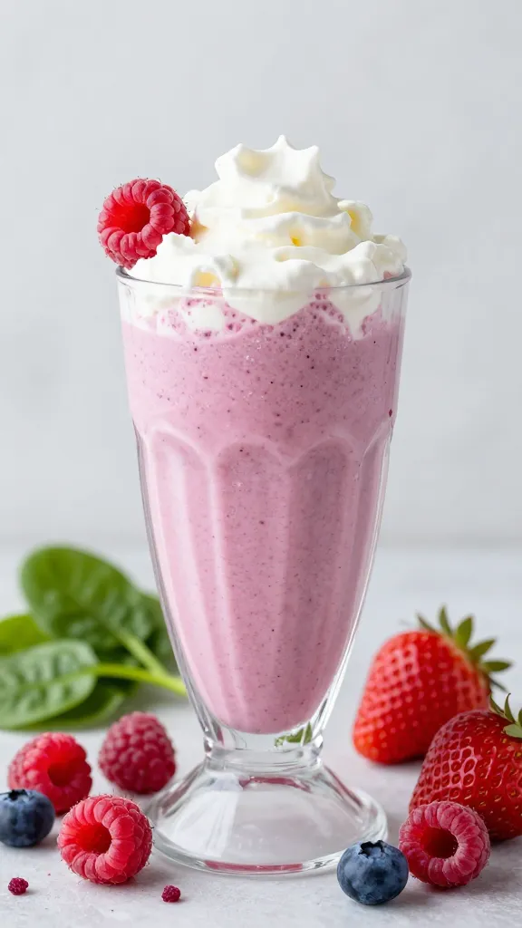 Create a high-resolution, photorealistic image of a vibrant Berry-Explosion Cottage Cheese Shake as the central subject. The scene should depict a tall glass smoothie filled with a thick, creamy pink-purple beverage studded with tiny berry specks, topped with a dollop of whipped cream or a light froth and fresh berries resting on the rim. Surround the glass with bright raspberries, blueberries, and strawberries arranged artfully, with some frozen berry pieces visible near the base to emphasize chill. Include a side herbal-green accent—such as a few baby spinach leaves tucked subtly in the background or a small, unobtrusive pile of greens—to hint at the optional nutrient boost. Use a clean, neutral backdrop (soft white or light gray) with natural lighting that highlights the creamy texture of Greek-style cottage cheese blended into the shake, giving it a luxurious, dessert-like yet healthy appearance. Ensure the image conveys a glossy, crave-worthy finish with realistic reflections, subtle condensation on the glass, and a sense of freshness and vibrancy. No text.