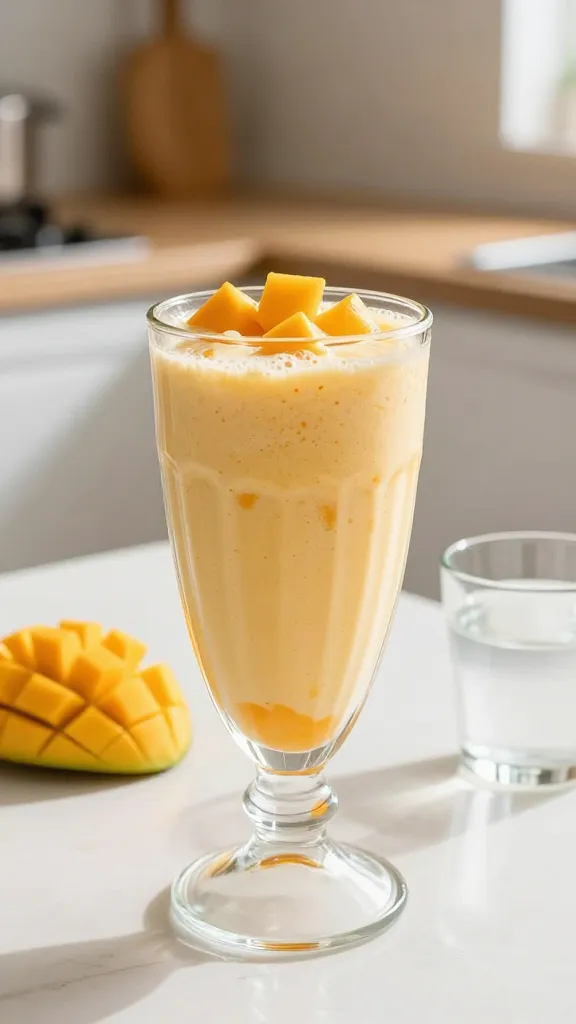 A photorealistic, high-resolution image of a glass mango sunrise cottage cheese smoothie as the main subject, positioned on a clean, bright kitchen counter. The smoothie should have a creamy, pale-orange hue with tiny mango flecks and a frothy top, accented by a few fresh mango chunks visible at the rim or submerged within the glass. Include a small, clear glass of lite coconut water nearby and a few fresh mango slices as garnish to emphasize brightness and tropical vibes. The background should be softly blurred to keep the focus on the smoothie, with warm natural lighting suggesting a morning sun. Shot at a slight angle to showcase the glass’s contour and creamy texture, with realistic reflections and inviting, refreshing atmosphere. No text on the image.