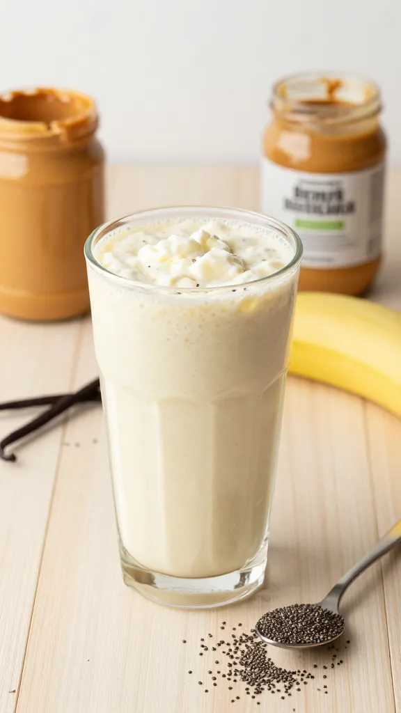 A high-resolution, realistic photo of a creamy cottage cheese smoothie served in a tall glass with a slight froth on top, surrounded by natural peanut butter and almond butter jars, a ripe banana partially peeled, and a small spoonful of chia seeds scattering for a subtle crunch. The glass sits on a light wood countertop with soft natural lighting, highlighting a thick, smoothie texture that implies the banana is frozen in chunks for extra thickness. Include a few vanilla beans or a tiny splash of vanilla in the background to unify flavors, and a clean, minimalist backdrop that emphasizes a healthy snack vibe. No text on the image.
