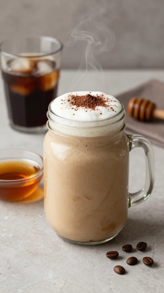 A realistic, high-quality photo of a glass mason jar smoothie topped with a light foam and a dusting of cocoa, surrounded by a small bowl of maple syrup and a teaspoon of honey, with a clear glass of cold brew concentrate in the background. In the foreground, include a creamy cottage cheese-based espresso protein shake with a smooth, creamy texture, showing subtle espresso swirls, and a few coffee beans scattered nearby. Set on a modern breakfast table with a soft, warm-toned lighting, featuring a faint steam rise from the glass to emphasize warmth and energy. No text on the image. The main subject should be the Espresso Protein Cookie Shake from the article title, depicted as a creamy, caffeinated protein shake in a glass, conveying bold espresso flavor balanced by dairy creaminess.