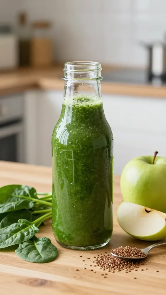 A high-quality, realistic photo of a vibrant green smoothie in a clear glass bottle with a slightly frosted appearance, placed on a light wooden kitchen counter. The smoothie is a lush emerald color, suggesting spinach or kale blended smoothly with fruit. Surround the bottle with fresh ingredients to convey the concept: a handful of fresh spinach leaves, a halved green apple, a pear slice, and a tablespoon of ground flaxseed sprinkled nearby. In the background, a softly blurred modern kitchen scene with natural daylight streaming in, highlighting the glossy texture of the smoothie. The composition should emphasize a healthy, midweek lunch vibe, with no visible labels or text on the image. Focus on realism, color depth, and a clean, inviting aesthetic.