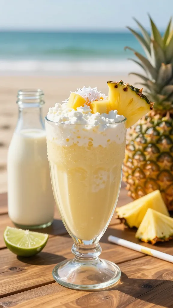 Create a hyper-realistic, high-resolution photo of a tropical pineapple coconut creamy float made with cottage cheese, set in a sunlit beach-side scene. The main subject is a tall, glass float cup filled with a creamy, pale yellow beverage speckled with tiny white cottage cheese curds, topped with a small cluster of fresh pineapple chunks and a light dusting of shredded coconut. Include a glass bottle of light coconut milk nearby and a few frozen pineapple chunks in the background to convey chill. Compose with warm, golden-hour lighting that highlights glossy condensation on the glass, a soft sandy beach and turquoise sea in the distance, and a sunlit wooden table containing the float, a sugared-lime wedge garnish, and a reusable straw. Capture a carefree, vacation-like vibe suitable for a beach day lunchbox upgrade, ensuring the beverage looks creamy, refreshing, and inviting, with realistic textures: creamy coconut milk sheen, juicy pineapple, and fluffy cottage cheese bits visible through the glass. No text on the image.