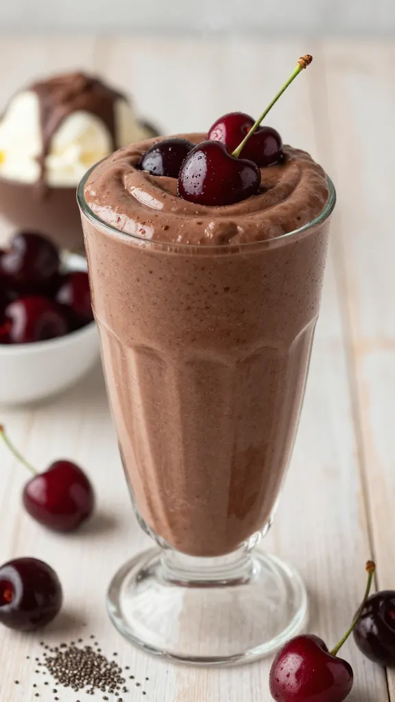 A realistic high-quality photo of a creamy chocolate-cherry cottage cheese smoothie in a tall, clear glass, richly blended with dark chocolate and ripe cherries on top for a glossy finish. The glass sits on a light wooden surface with a small bowl of fresh cherries and a few chia seeds scattered nearby. In the background, a scoop of cottage cheese and a drizzle of melted dark chocolate add depth, while a faint steam hint suggests a freshly made drink. Natural lighting highlights the velvety texture and deep chocolate color, conveying indulgence with a wholesome, protein-packed vibe. No text on the image.