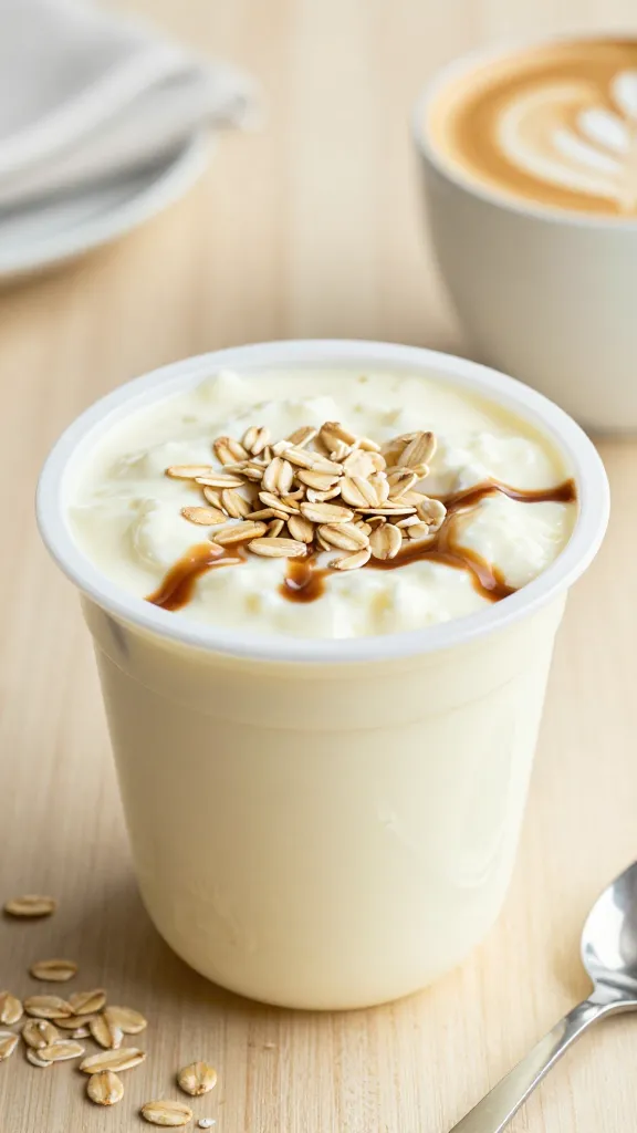 A realistic, high-quality photo of a creamy cottage cheese smoothie in a portable, breakfast-ready cup that doubles as a bowl, placed on a light wooden breakfast table. The cup shows visible oats sprinkled on top and a rich espresso or strong coffee swirl, blending with the pale, velvety texture of cottage cheese to convey a hearty, ready-to-go meal. Surround the cup with a few partial oats, a small spoon, and a latte art-inspired coffee cup in the background to emphasize the oatmeal-coffee flavor fusion. Natural morning light highlights the creamy texture and oats, with a soft, inviting atmosphere that suggests a balanced, caffeinated breakfast. The main subject should be the "Oatmeal Latte Smoothie" as described in the article’s section, presented in a realistic, appetizing way without any text on the image.