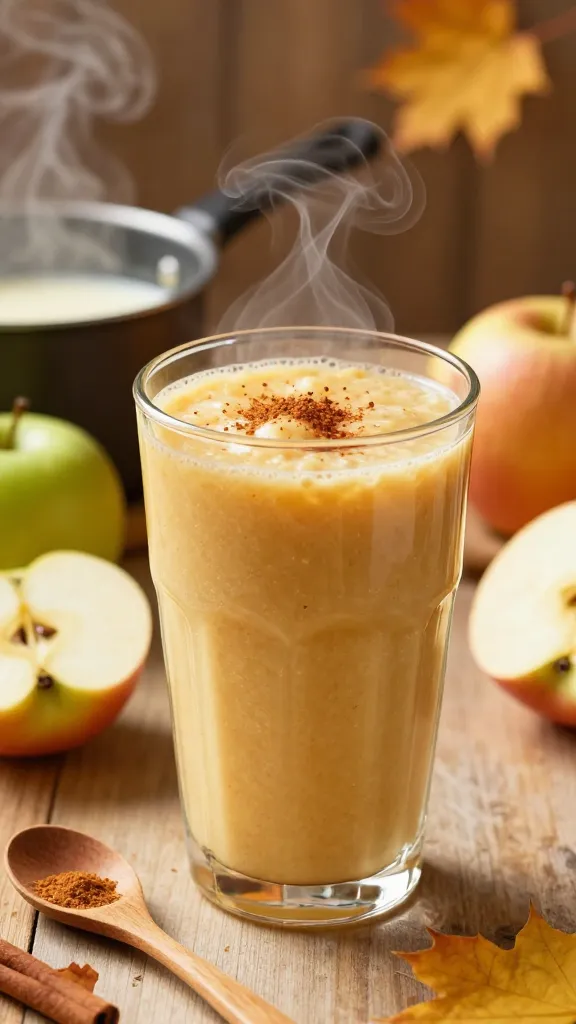 A hyper-realistic photo of a creamy, thick smoothie in a clear glass tumbler, labeled subtly by the bowl and its contents rather than text. The smoothie is a warm, golden-amber apple color with visible specks of cinnamon and nutmeg, suggesting a fall-spiced flavor. Steam softly rises from the glass, hinting at warmth. Surrounding the glass, include a few Granny Smith and Gala apples, one cut in half to reveal crisp flesh, and a small wooden spoon with a pinch of ground cinnamon. In the background, a small saucepan emits gentle steam as if simmering spices in milk, and a soft, autumnal light casts cozy, golden tones across the scene. The overall composition conveys a luxurious, fall-inspired cottage cheese smoothie with a thick, velvety texture, inviting and comforting without any text.