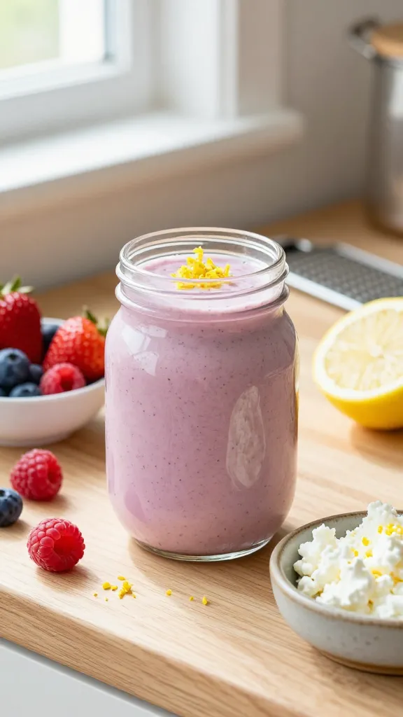 Create a high-resolution, realistic photo of a bright, inviting kitchen breakfast setting featuring a glass mason jar smoothie topped with a subtle curl of lemon zest. The smoothie should have a creamy, light lavender-pink hue visible through the jar, indicating a cottage cheese-based base. Surround the jar with a light, airy breakfast scene: a wooden countertop, a small bowl of mixed berries (strawberries, blueberries, raspberries) with visible color depth, a lemon half with a zest grater showing zest shavings, and a few spoonfuls of cottage cheese in a small, rustic ceramic bowl. Include soft natural light streaming from a window to create gentle highlights and shadows, emphasizing freshness and morning energy. The composition should convey a healthy, quick-start breakfast vibe, with attention to texture: creamy smoothie, juicy berries, grainy lemon zest, and the smooth surface of cottage cheese. No text or branding on the image.