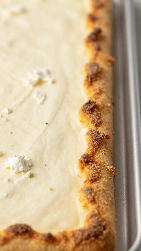 Close-up of crispy cottage cheese crust edge on baking sheet