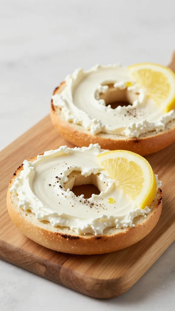 A high-resolution, studio-style photograph of a creamy cottage cheese bagel duo: two toasted bagels split in half, lightly browned around the edges, each half generously spread with creamy cottage cheese. Garnish with a light sprinkle of salt and cracked black pepper, and a tiny citrus wedge or a few drops of lemon juice on the side to brighten the presentation. The scene sits on a clean, neutral-toned wooden board or marble surface with soft natural lighting, shallow depth of field to gently blur the background, emphasizing the glossy, rich texture of the cottage cheese and the warm, inviting toast of the bagels. No text, no branding, just a cozy, comforting, ready-to-eat moment.