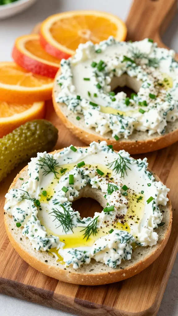 A realistic high-quality photo of a fresh bagel split in half on a rustic wooden board, topped with a generous layer of fluffy cottage cheese mixed with chopped chives, dill, and parsley, sprinkled cracked black pepper, and a light drizzle of golden olive oil. The bagel halves are surrounded by bright, colorful fresh fruit slices and a crisp pickle on the side, with soft natural lighting highlighting the herb flecks and creamy texture. The scene conveys a garden-fresh, elegant yet simple breakfast or snack, with a focus on the herb-infused cottage cheese as the main subject.