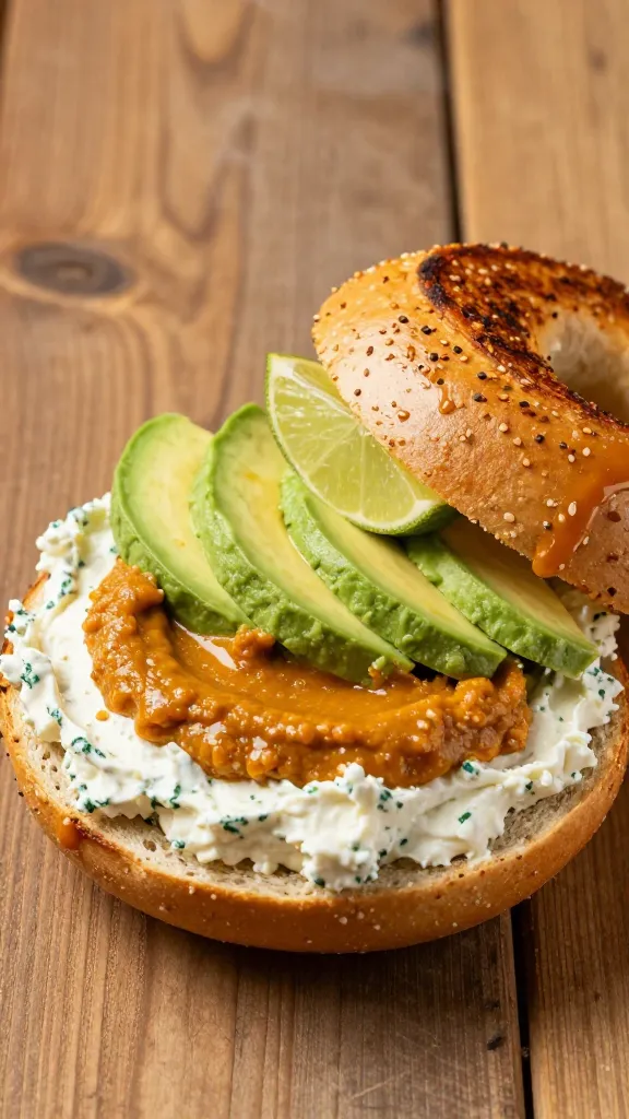 A high-resolution, realistic food photography scene featuring a toasted bagel topped with a generous layer of smoky chipotle cottage cheese, swirled with orange-brown chipotle puree. The bagel is cut in half, with one half showing the creamy cottage cheese mixture and a few avocado slices and a light squeeze of lime placed artfully on top. The other half sits slightly to the side, displaying the toasted, golden-brown crust. A small drizzle of chipotle sauce is visible, adding a subtle shine and depth. The background is a rustic wooden table with warm, natural lighting that highlights the textures: creamy cottage cheese, smooth avocado, and the glossy seed-speckled bagel. Include a faint, tasteful steam to imply warmth, and keep the composition balanced to emphasize the main subject (the chipotle cottage cheese bagel) without any text or branding.