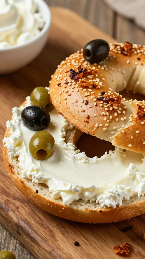 A high-resolution, hyper-realistic photo of a hearty everything bagel split in half and spread with a generous, glossy cottage cheese topping, showing a creamy, textured layer with visible cottage cheese curds. The bagel should be toasted to a golden-brown with crisp edges, topped with a few shiny green and black olives and a light scatter of crispy fried onions and sesame seeds for extra texture. The composition includes a rustic wooden board background with natural light highlighting the bagel’s creamy center and crunchy exterior, a small bowl of cottage cheese on the side, and subtle, warm tones to evoke a comforting, indulgent breakfast moment. No text on the image.