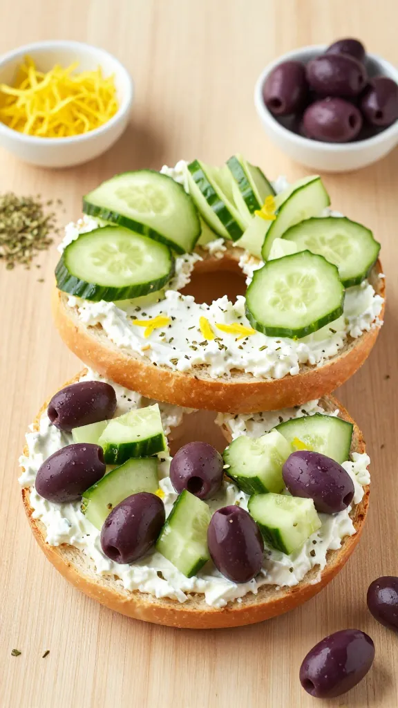A high-resolution, realistic photo of a single Mediterranean Breeze Bagel on a clean, light wooden surface. The bagel halves are toasted to a golden-brown, spread with a creamy cottage cheese mixture lightly flecked with lemon zest and oregano. One half is topped with thin cucumber ribbons and finely chopped cucumber and Kalamata olives, while the other half features evenly distributed chopped cucumbers and olives. Surrounding the bagel are small bowls of lemon zest, oregano, and a few whole Kalamata olives to suggest ingredients. Natural daylight highlights fresh, vibrant colors: pale green cucumber, deep purple olives, ivory cottage cheese, and the warm tones of the bagel. The composition feels museum-quality, inviting, and appetizing, with subtle shallow depth of field to keep the bagel as the clear focal point. Avoid text or branding on the image.
