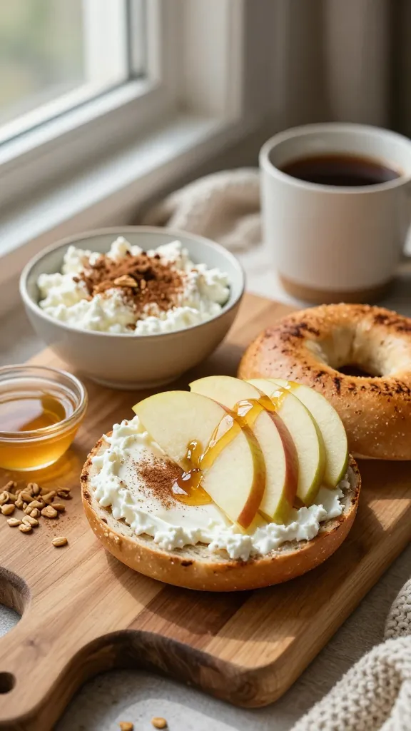 A high-resolution, photorealistic still life of a cozy breakfast scene featuring a warm, freshly toasted bagel split in half, generously smeared with creamy cottage cheese mixed with cinnamon and a light drizzle of honey, arranged on a rustic wooden cutting board. The bagel halves are topped with thinly sliced apples and pears fanned decoratively, with a delicate drizzle of additional honey across the fruit. Nearby, a small bowl of cinnamon-dusted cottage cheese mix, a sprinkle of granola for crunch, and a tiny ramekin of extra honey sit on the board. Soft morning light filters through a nearby window, casting gentle shadows. In the background, a mug of coffee or tea and a cozy knit blanket hint at a weekend breakfast mood. The main subject should be the bagel-based dish as described, with natural textures, warm colors, and a inviting, dessert-for-breakfast vibe. No text on the image.