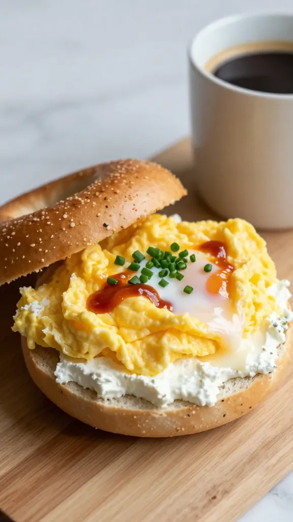 Create a realistic, high-quality photo of a breakfast scene centered on a Sunrise Egg & Cottage Cheese Bagel. The main subject should be a toasted bagel split open with a generous layer of cottage cheese on one half, topped with a fluffy scrambled egg folded over with a splash of milk visible in the eggs. Include a light drizzle or subtle sprinkle of hot sauce and fresh chives finely chopped over the top. The bagel halves rest on a clean wooden or marble surface, with a cup of coffee nearby to imply a morning setting. Soft, natural lighting highlights the creamy texture of the cottage cheese and the glossy egg, while a neutral background keeps the focus on the bagel. No text on the image.