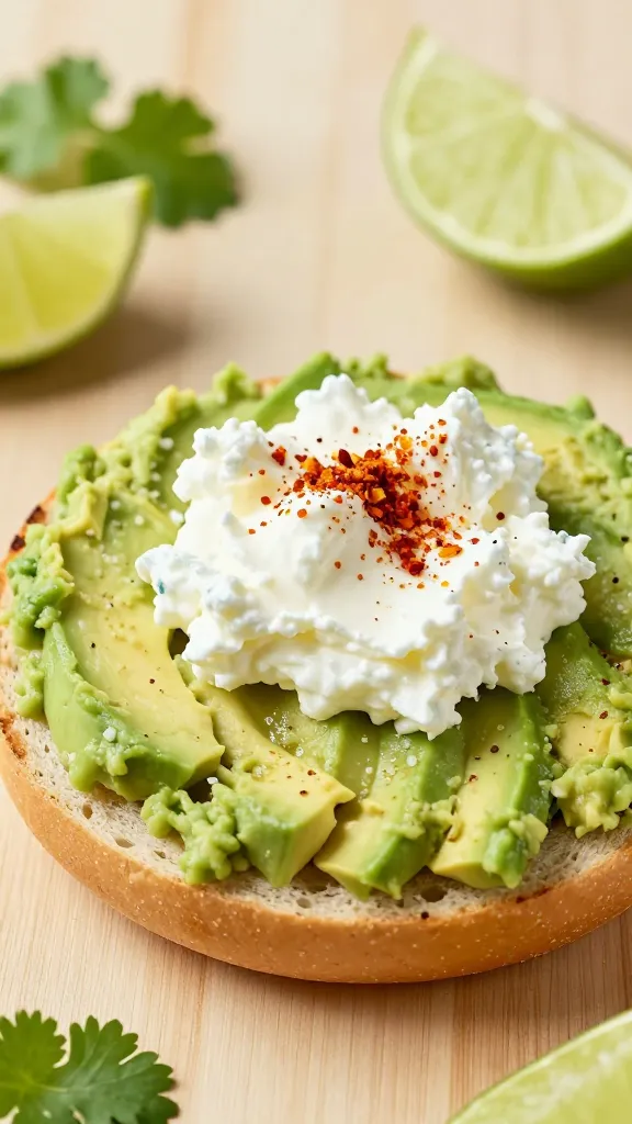A high-resolution, realistic food photograph of a single avocado smash with cottage cheese bagel as the main subject. Place a lightly toasted bagel half on a clean, light wooden surface. Smoothly mash avocado with a subtle lime juice sheen and tiny specks of salt and pepper visible in the mixture, then spread it evenly across the bagel half. Dollop generous amounts of creamy cottage cheese on top in a few soft mounds, with a light sprinkling of bright red chili flakes for color contrast. Surround with fresh lime wedges, a small sprig of cilantro, and a soft, natural lighting setup that highlights the creamy texture and vibrant green avocado against the warm bagel. Ensure the scene conveys a luxe, Instagrammable breakfast vibe, focusing on freshness, texture, and a clean, appetizing presentation with no text or branding.