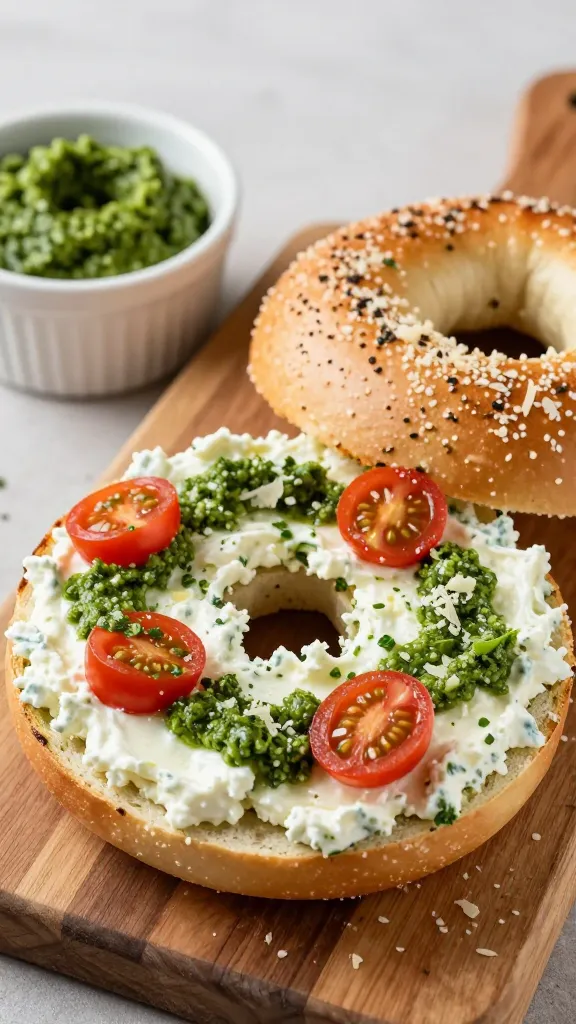 A high-resolution, realistic photo of a prepared pesto cottage cheese bagel: a toasted bagel sliced in half with a generous spread of creamy cottage cheese mixed with bright green basil pesto, dotted with cherry tomato halves for color, finished with a light shower of parmesan shavings and fresh herb flecks. The bagel halves are arranged on a rustic wooden board with a small ramekin of extra pesto on the side, natural light highlighting the glossy cottage cheese and vibrant greens, with a shallow depth of field softly blurring the background to emphasize the main subject.