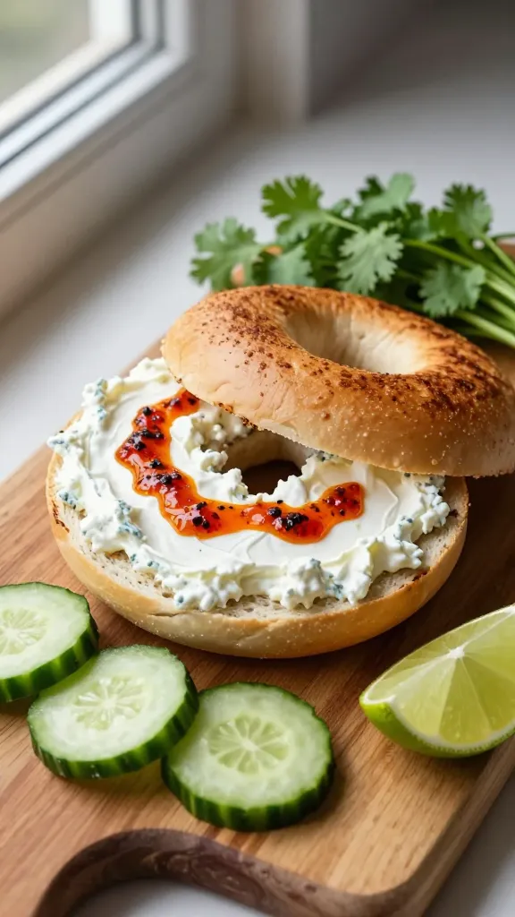 Create a hyper-realistic, high-resolution photo of a cozy breakfast scene featuring a single toasted bagel split open and generously spread with creamy cottage cheese mixed with a light lime-Sriracha zing. The bagel rests on a rustic wooden board with a subtle grain, surrounded by fresh cucumber slices, a small bunch of cilantro, and a lime wedge for a bright, fresh vibe. Soft morning light from a nearby window casts gentle shadows, highlighting the glossy cottage cheese, the spicy sheen from the Sriracha, and the vibrant green of cilantro and cucumber. The overall composition should feel inviting and energetic, capturing a “spicy Sriracha lime bagel” moment as a quick indulgence to brighten a sleepy morning. Avoid any text on the image. The main subjects are the bagel with cottage cheese topping and the fresh garnishes, presented as a single, cohesive breakfast scene.
