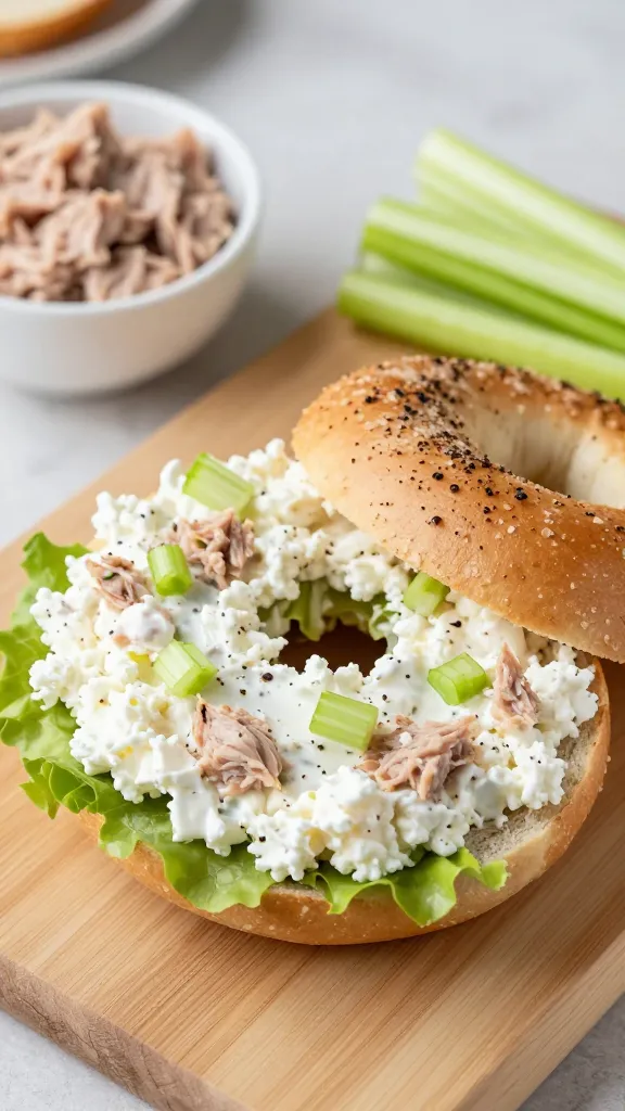 A realistic, high-quality food photograph of a wholesome lunch scene featuring a half of a toasted bagel spread with a creamy tuna and cottage cheese mixture, bright white cottage cheese visible with flecks of tuna, finely chopped celery for crunch, and a few crisp lettuce leaves peeking from the open bagel half. The background includes a light wooden cutting board with a small bowl of extra tuna and celery sticks, a drizzle of black pepper on the bagel, and a neutral, softly blurred kitchen setting to emphasize freshness. The main subject is the Ultimate Lean Tuna & Cottage Cheese Bagel, presented neatly with natural, appealing lighting that highlights the creamy texture and vibrant greens, with no text or captions in the image.