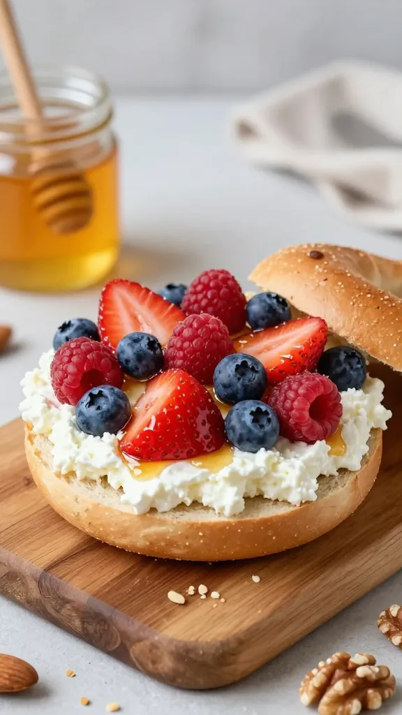 A realistic, high-quality photo of a freshly toasted bagel topped with a generous scoop of creamy cottage cheese, layered with a colorful mix of fresh berries (strawberries, blueberries, raspberries) and a light drizzle of honey over the top. The bagel sits on a simple, rustic wooden board with a small glass jar of honey and a scattering of crushed nuts (almonds or walnuts) nearby for texture. Soft natural light highlights the glossy berries and the fluffy, creamy cottage cheese, with a subtle, inviting kitchen backdrop in the blurred background. No text on the image.