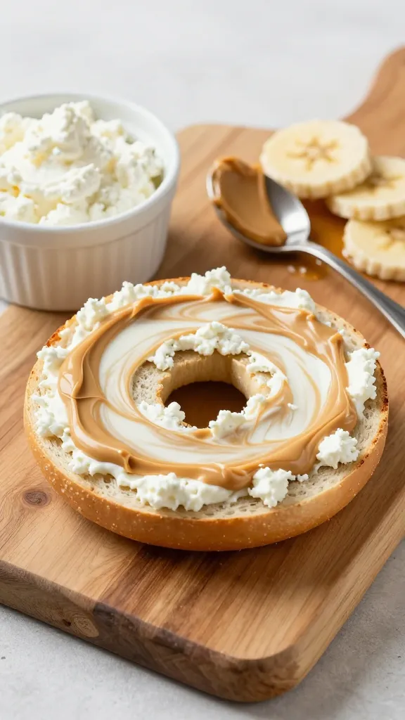 A high-resolution, photorealistic close-up of a toasted bagel sliced in half, generously spread with creamy cottage cheese swirled with smooth peanut butter, showing a subtle marble pattern of tan and white. The bagel sits on a rustic wooden cutting board with a soft natural light coming from the left, casting gentle shadows. Nearby, a small ramekin of additional cottage cheese and a spoon with a dab of nut butter sit on the board, along with a few banana slices and a light drizzle of honey for garnish in the background. The scene conveys a hearty, versatile breakfast vibe with warm, inviting tones and a clean, uncluttered composition. No text or logos.