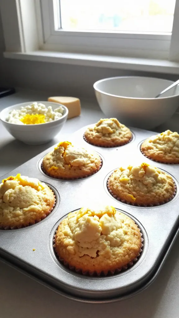 A candid, real-life photo of Zesty Lemon Ricotta Cottage Cheese Muffins on a casual kitchenCounter, bright sun streaming through a nearby window. The muffins sit in a simple, imperfect porcelain muffin pan with a few missing muffin liners, showcasing a light crackly top with subtle lemon zest specks. The scene includes a small bowl of fresh lemon zest and a block of creamy cottage cheese in the background to hint at the ingredients, plus a lightly whisked bowl and a spoon resting nearby. The shot conveys an authentic, “taken in a hurry” vibe: natural window lighting, slight tilt, and casual composition. Features include a few imperfect details: a tiny fingerprint on the lens, slight overexposed highlights on the muffin tops, gentle lens flare from the window, minor motion blur from a quick hand gesture, grain that breathes with the light, and a horizon that feels subtly angled. The image is compressed, 1080p quality, with a hint of post-processing that looks like a casual edit (scaled down and up again, a touch of smart blur and sharpening, recolor with a flat touch) but nothing polished or staged. No text appears in the image.