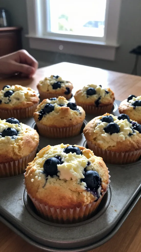 Photo prompt: A real, authentic-looking iPhone-shot image of 2. Blueberry Vanilla Cottage Cheese Muffins. The scene shows a casual, cozy kitchen table with a batch of fluffy muffins that clearly contain visible blueberries and a creamy cottage cheese texture, some muffins stacked or arranged on a simple baking tray or parchment. Natural window light streams in, casting soft shadows and gentle highlights. The framing is slightly off-center, as if snapped quickly: a hand resting nearby, a slight tilt of the horizon, and a hint of steam or condensation on a glass. Include subtle imperfections: slight overexposed highlights on the muffin tops, a touch of lens flare near the window, minor motion blur from a quick hand move, and a grainy, 1080p-style texture. The scene should feel unposed and genuine, with no branding or staged props, no text on the image. Optional subtle post-processing touch: a tiny, unrefined color tweak to evoke everyday photo feel without heavy edits. The main subject is the muffins, clearly the focus, with the plate or tray in a homey setting, not studio-lit or professionally lit. Shot quickly, no staging, fingerprint on lens suggesting a real phone capture.