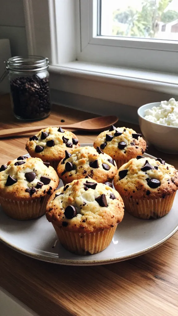 A real, authentic-looking photo of a plate of Chocolate Chip Cottage Cheese Muffins, with a few muffins visible on a simple ceramic plate, sitting on a wooden kitchen counter near a window. The muffins should look fluffy and lightly golden, with dark chocolate chips visible and a hint of espresso powder dusted on top. Include a casual, homey setup: a jar of coffee beans, a worn wooden spoon, or a small bowl of cottage cheese in the background to imply ingredients. Lighting should be natural window light, creating gentle shadows and a warm, cozy mood, as if photographed quickly in a real kitchen. Slight imperfections: minor overexposed highlights on the plate, a subtle lens flare from the window, a touch of motion blur from a quick hand movement, and a slightly tilted horizon due to a casual angle. Graininess should vary with light, and there should be no text on the image. The scene should feel un-staged, like a post-workout treat or a breakfast-on-the-go moment, with a fingerprint on the lens and a sense of "taken in a hurry." Compressed, 1080p quality, no AI watermark, no obvious editing cues. No words, just the food and setting.