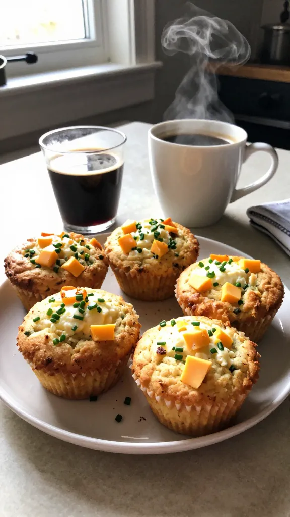 A real, authentic photo of Savory Cheddar Herb Cottage Cheese Muffins set on a casual kitchen or breakfast nook table, taken with an iPhone. The scene shows a small plate of golden-brown cheddar herb muffins next to a cup of coffee and a light breeze of steam, with a few chopped chives and a pinch of paprika sprinkled nearby. Ingredients spotlight visual elements: sharp cheddar cubes lightly melted inside muffins, fresh chives, and a tiny sprinkle of paprika visible on top. Natural window light streams in from the side, casting soft, imperfect shadows and a warm, inviting tone. The composition is relaxed and slightly imperfect—muffins arranged informally, a faint reflection on a nearby mug, and a casually placed napkin or cutoff edge of a countertop in the frame. Subtle imperfections: a touch of lens flare from the window, gentle overexposed highlights on the muffin tops, slight motion blur from a casual hand-held shot, and a tiny tilt of the horizon. The photo should feel like a quick snapshot, no staging, with a fingerprint on the lens and a compressed 1080p quality look. No text or logos. Optional light post-processing hints: minimal color tweaks that keep the natural look, but avoid AI-detection cues. The overall vibe is everyday, comforting brunch or quick lunchbox bite energy, with the muffins clearly the main subject.
